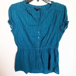 Banana Republic Teal Button Up Russed Waist Top